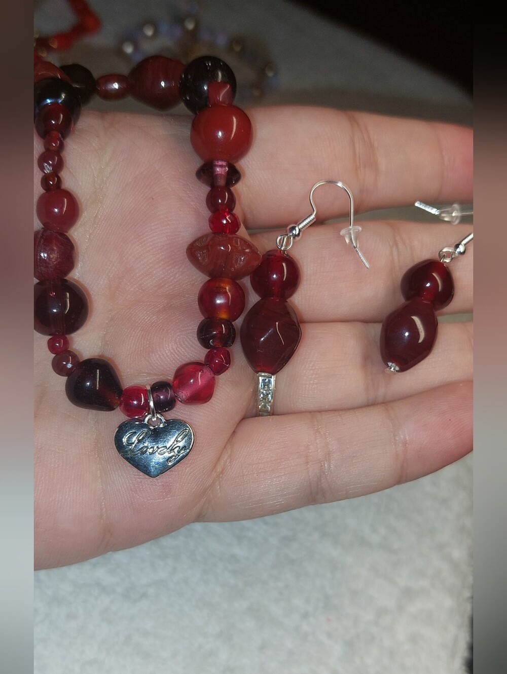 Red GlassBeaded Necklace & Earring Set Heart Charm